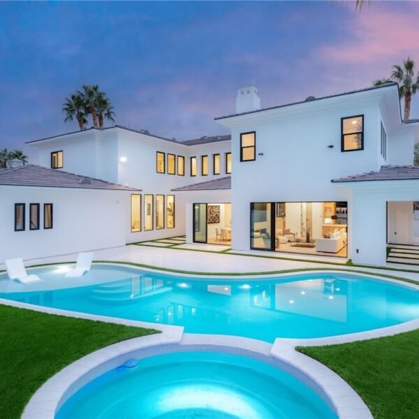 elegant house with swimming pool in night