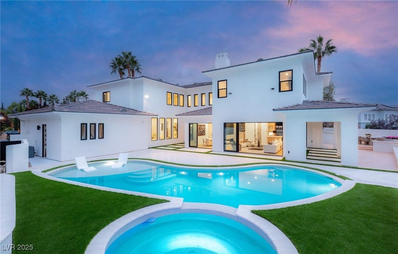 elegant house with swimming pool in night