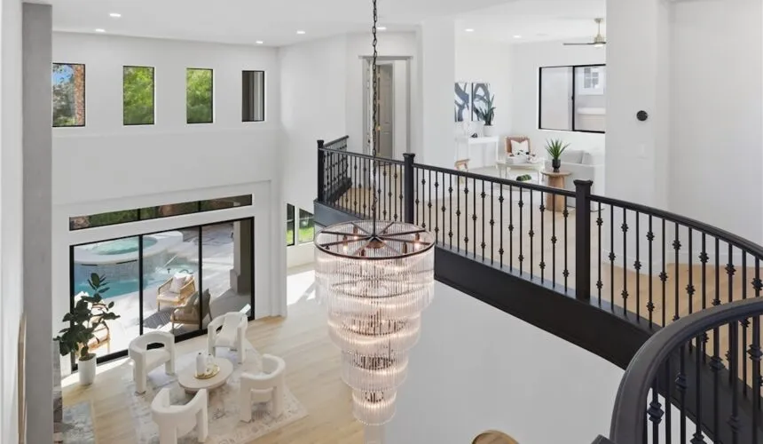 top view of interior design of house with chandelier