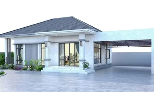 one story house with parking lot in 3d render