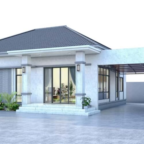 one story house with parking lot in 3d render