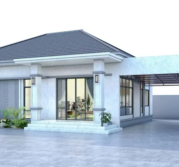 one story house with parking lot in 3d render