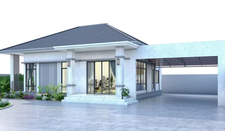 one story house with parking lot in 3d render