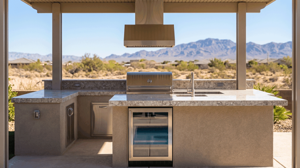 Close-up of a high-end outdoor kitchen built into a stucco-clad island, polished porcelain countertop surface, stainless steel grill hood, built-in beverage refrigerator drawer visible, desert-durable materials in warm neutral tones