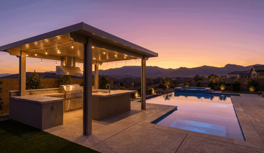 Stunning Las Vegas luxury backyard at dusk with a covered outdoor kitchen pavilion featuring stone countertops and a built-in grill, ambient string lights under a solid-roof pergola, resort-style pool reflecting the warm purple and orange sky, desert mountains silhouetted in the background