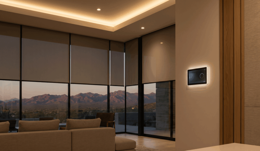 Modern luxury living room interior with a sleek wall-mounted smart control panel