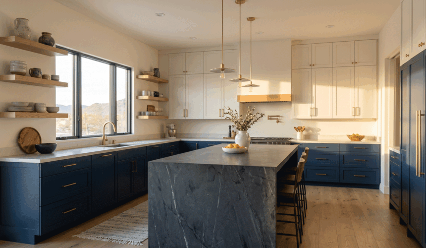 a luxury kitchen blending deep navy blue lower cabinets with warm white uppers.