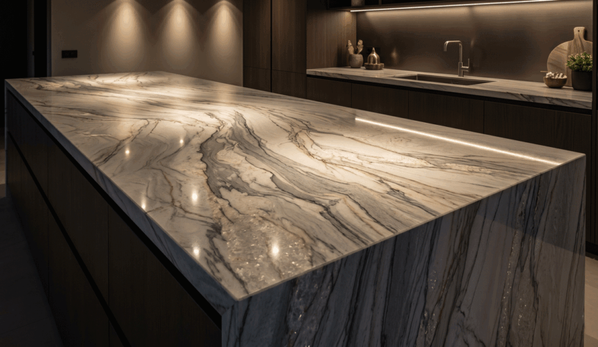 a luxury kitchen counter defined by a continuous surface of bookmatched quartzite