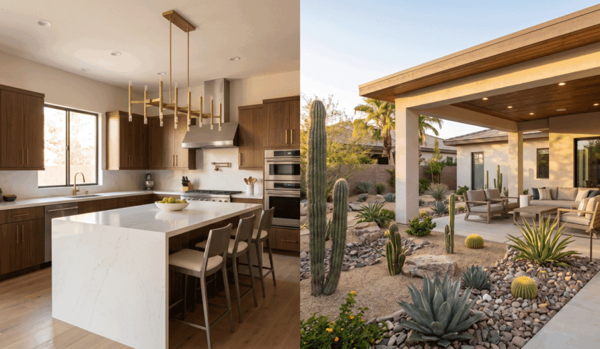 wide-angle interior shot of a fully renovated modern kitchen with sleek, flat-panel dark wood cabinets and a polished white quartz waterfall island